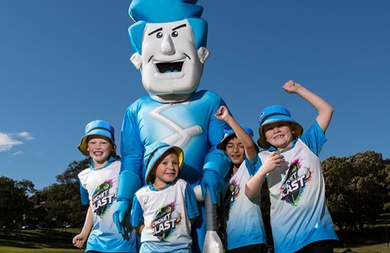 Woolworths Cricket Blasters kids with Adelaide Strikers mascot Keswick Cricket Club Master Blasters Junior Blasters