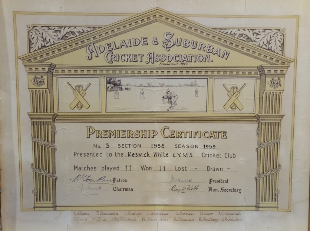 1958-59 Keswick White CYMS Section 3 Premiership Certificate - Keswick Cricket Club