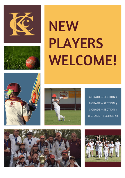 Collage of images to provide information for new players at Keswick Cricket Club. New Players Welcome! KCC logo. Pictures of winning teams. Pictures of kids playing cricket.